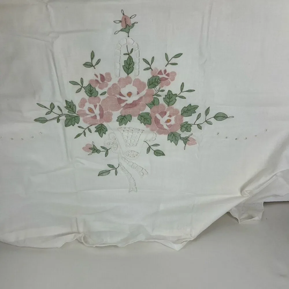 3 Hand Made Lace Sham Pillow Cover Cottage Rose Painted Floral 21 x 27 White